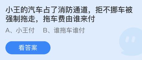 小王的汽车占了消防通道，拒不挪车被强制拖走，拖车费由谁来付